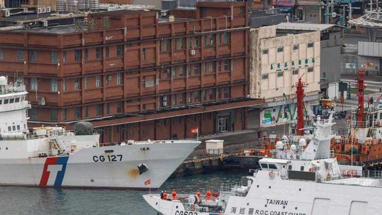 Taiwan Coast Guard patrol vessels are stationed in Keelung, as China conducts "Justice Mission 2025" military drills around Taiwan