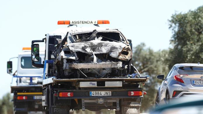 Wreckage removed from the crash site where the Spanish footballer Jose Antonio Reyes died in a traffic accident, is seen placed on a truck in Utrera