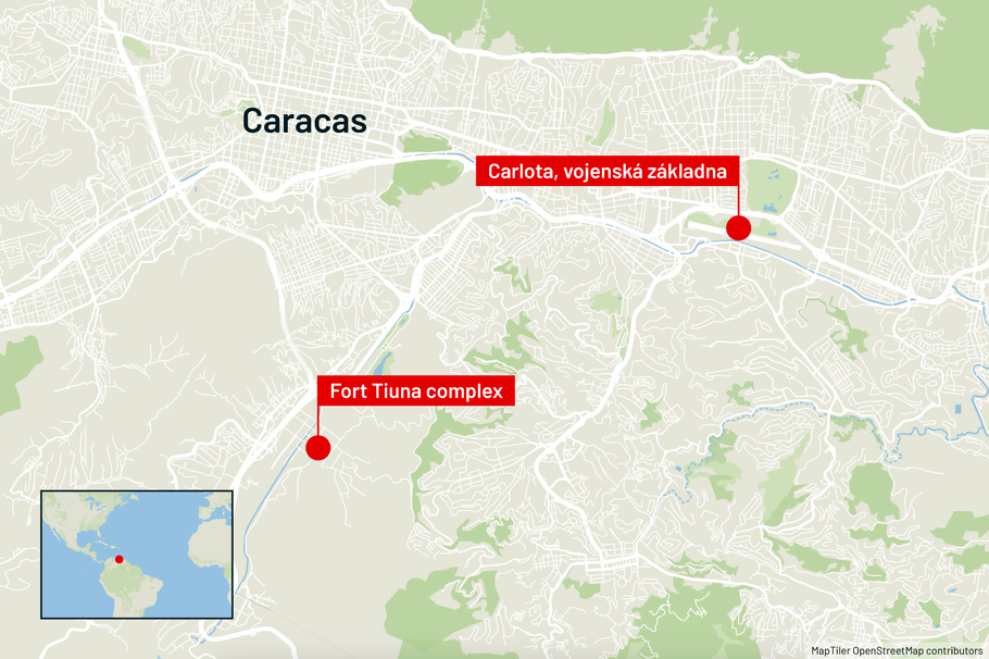 Vojenské cíle, které ve venezuelské metropoli Caracasu zasáhly v sobotu americké útoky.