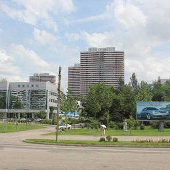 Zpráv o fungování automobilky Pyeonghwa (na billboardu model Hwiparam III, v pozadí showroom v Pchjongjangu) není mnoho, protože KLDR se po pandemii koronaviru izolovala více než obvykle. Podle posledních zpráv už v továrně ani auta nevznikají, místo nich zaujaly raketomety.