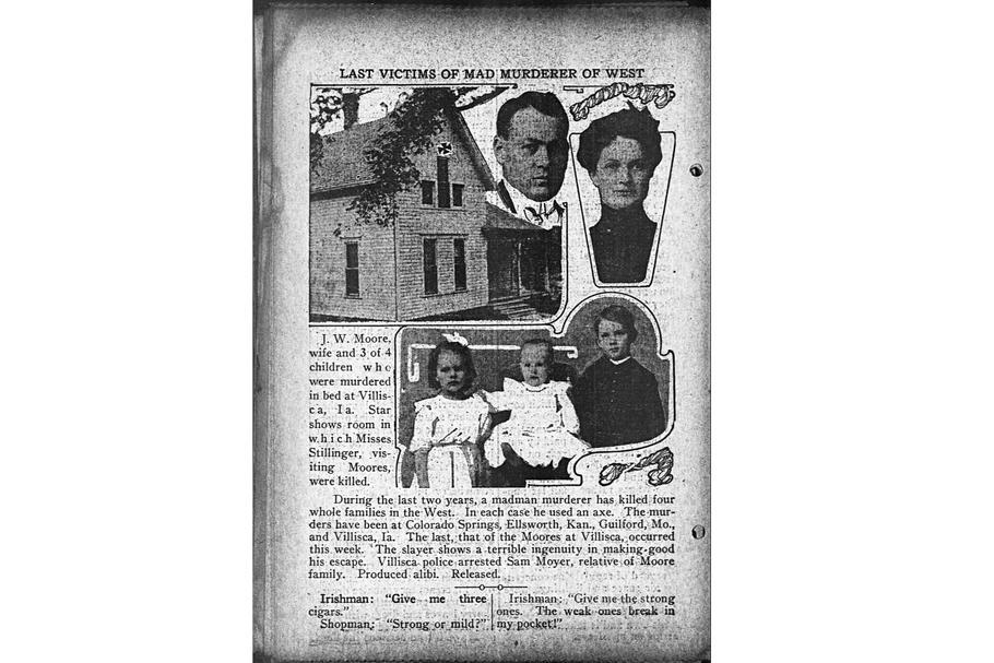 Článek s portréty obětí a domem rodiny Mooreových ve Villisce, publikovaný v deníku The Day Book v Chicagu 14. června 1912. ​