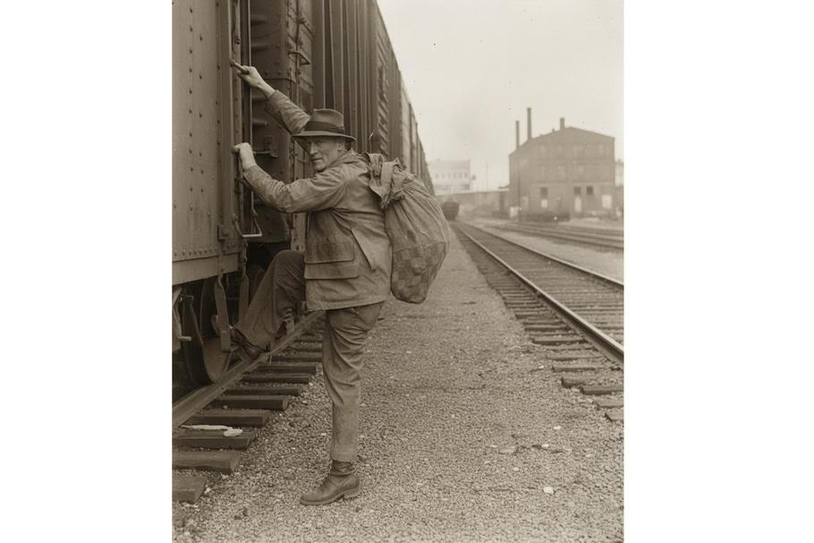 AI generovaná ilustrace muže naskakujícího na vlak, USA, evokující přesuny podezřelého Paula Muellera v letech 1897–1912.