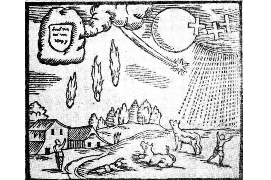 Dobová rytina zachycující pád meteoritu u moravského Odrance 11. června 1619, publikovaná v kalendáři Šebestina Šelechovského z Šelechova.