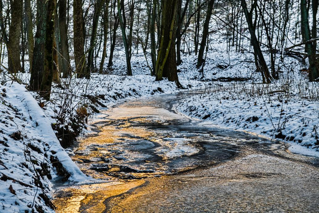 Zamrzlý potok Habřina na Zastávce u Brna, 7. ledna 2026.