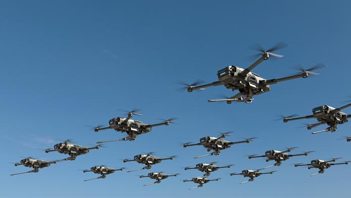 Armed,Drones,Are,Moving,Towards,The,Battlefield,,Futuristic,Aerial,Attack