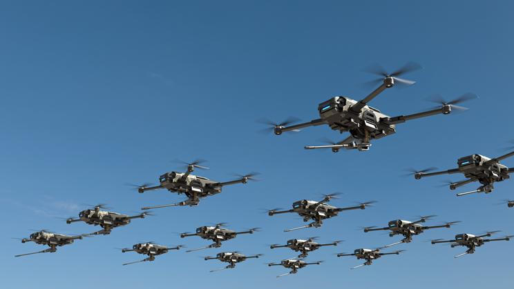 Armed,Drones,Are,Moving,Towards,The,Battlefield,,Futuristic,Aerial,Attack
