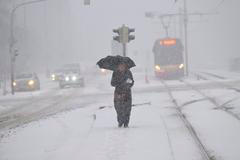 sníh, sněžení, žena, deštník, zasněžená silnice, ulice, auta, koleje, tramvaj