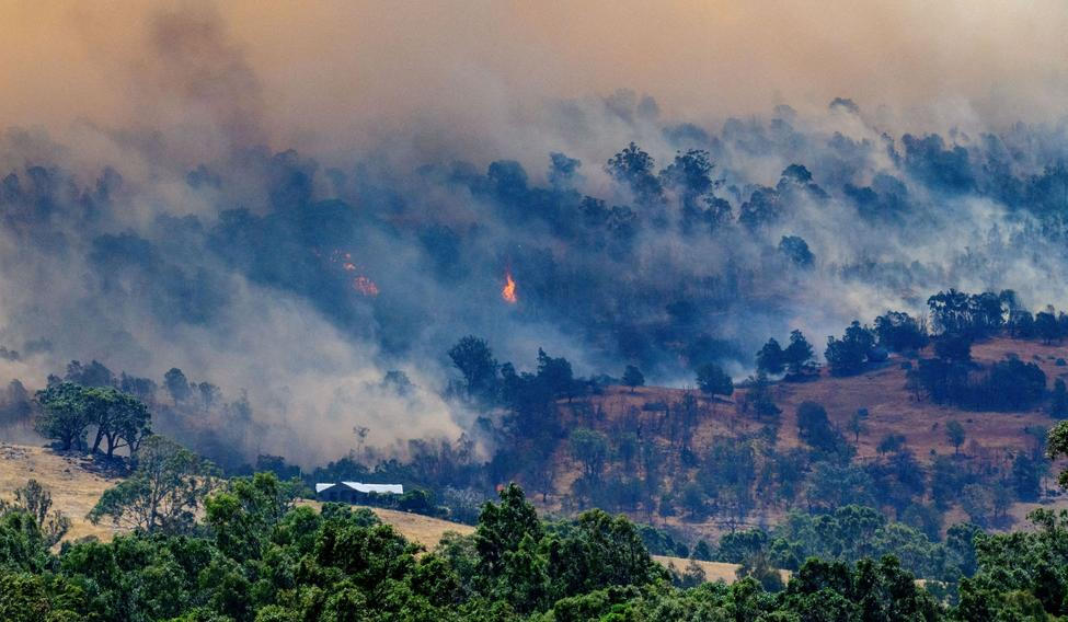 Smoke rises from a burning forest on a hillside behind a home near Longwood as bushfires continue to burn under severe fire weather conditions in Longwood