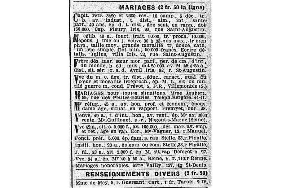 Matrimoniální inzerát z rubriky "Mariages" deníku L'Écho de Paris z 16. března 1915, ve kterém se Henri Landru vydával za uprchlíka "Fremyet", 45 let.