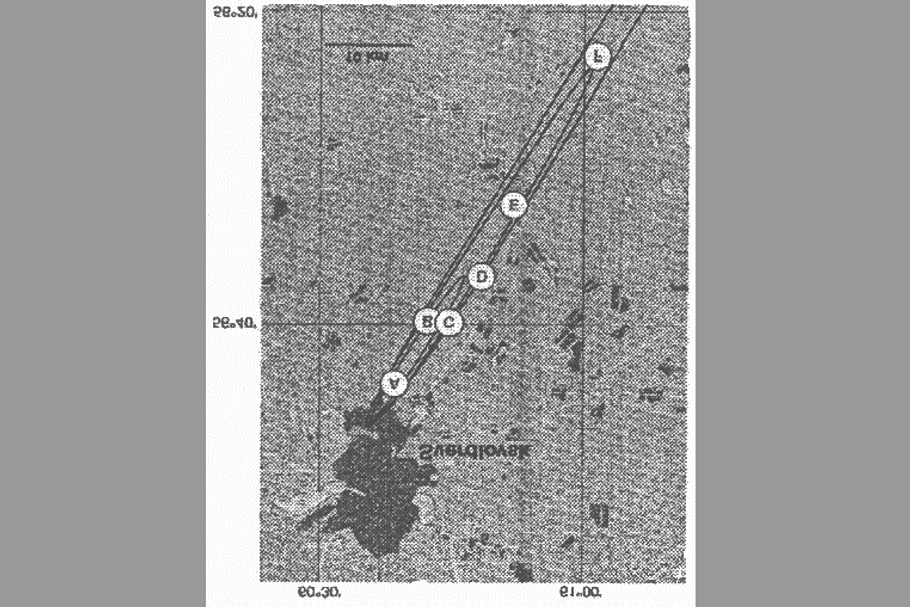 Mapa šesti vesnic jihovýchodně od Sverdlovsku s výskytem antraxu u dobytka v dubnu 1979.