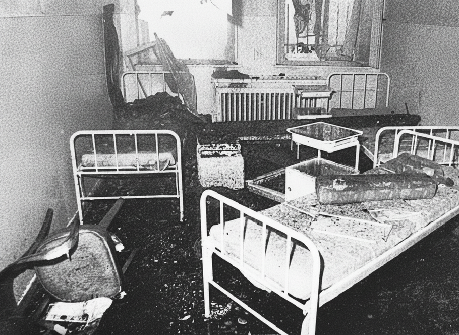 Následky požáru v ložnici Ústavu sociální péče v Měděnci, Severní Čechy, 1.-2. listopadu 1984