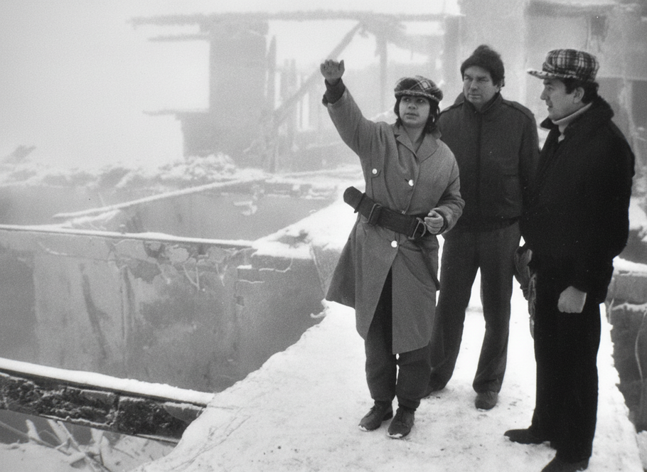 Eva Kopáčová při rekonstrukci požáru ústavu v Měděnci, severní Čechy, listopad 1984. Vyšetřování SNB-VB.