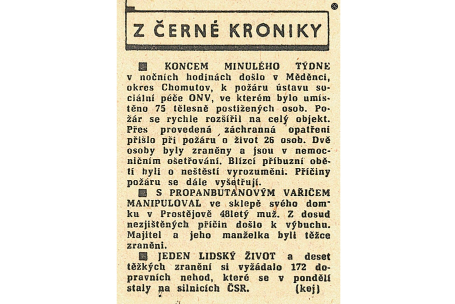 Dobový tisk informuje o požáru ústavu v Měděnci s 26 mrtvými, listopad 1984. Cenzurovaná zpráva bez uvedení příčin.