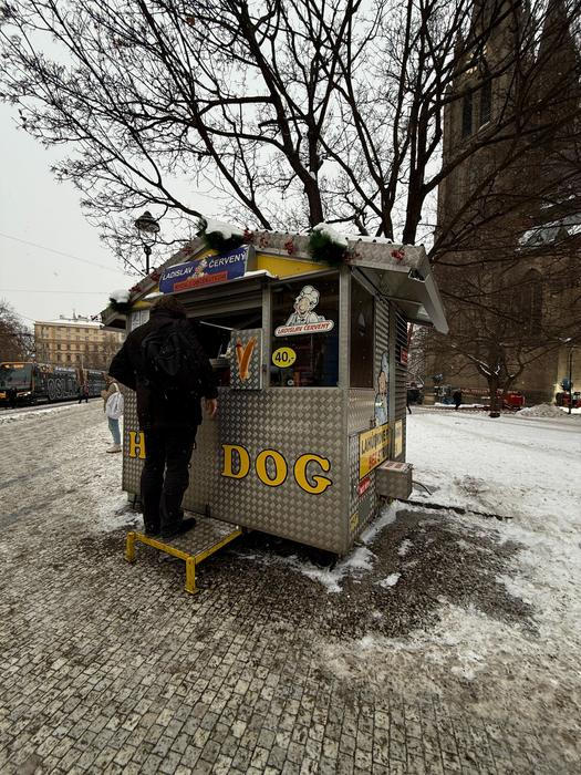 „Jak je zima, tak je toho míň, ale furt to jde,“ říká obsluha stánku, zatímco automatickým pohybem rohlík plní uzeninou, hořčicí a kečupem. 