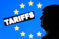 Illustration shows 3D-printed miniature model of U.S. President Donald Trump, EU flag and the word "Tariffs"