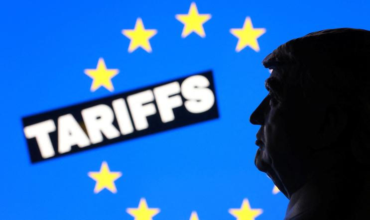 Illustration shows 3D-printed miniature model of U.S. President Donald Trump, EU flag and the word "Tariffs"