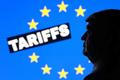 Illustration shows 3D-printed miniature model of U.S. President Donald Trump, EU flag and the word "Tariffs"