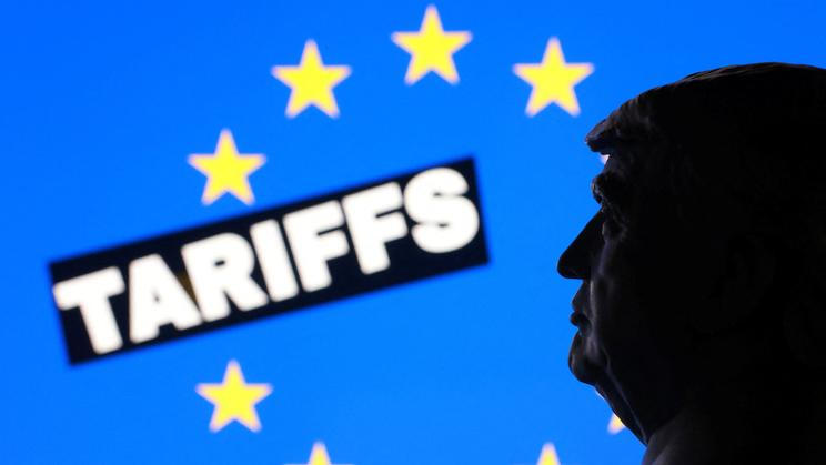 Illustration shows 3D-printed miniature model of U.S. President Donald Trump, EU flag and the word "Tariffs"