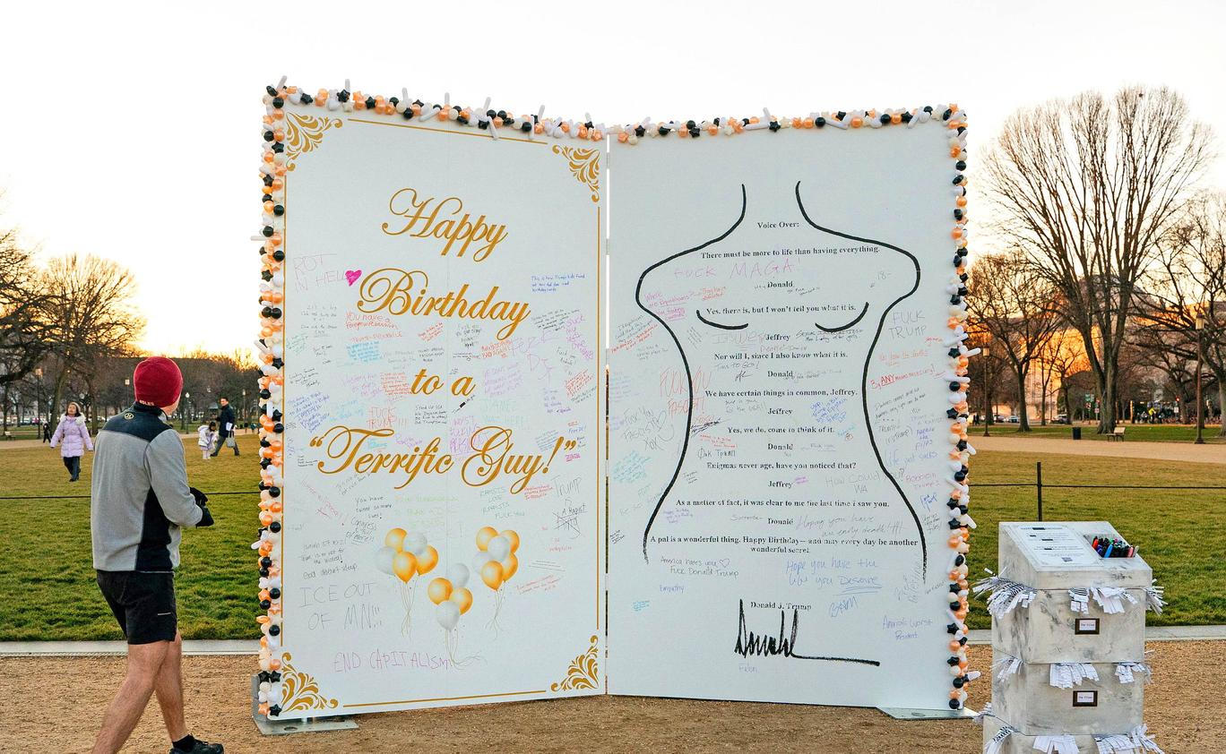 Installation depicts birthday message U.S. President Donald Trump allegedly wrote to sex offender Jeffrey Epstein, in Washington