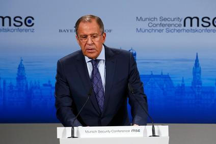 Russian Foreign Minister Lavrov addresses during the 51st Munich Security Conference at the 'Bayerischer Hof' hotel in Munich