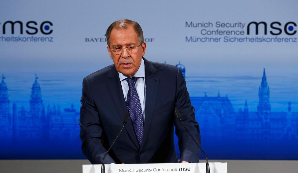 Russian Foreign Minister Lavrov addresses during the 51st Munich Security Conference at the 'Bayerischer Hof' hotel in Munich