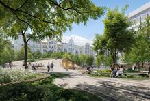 Srdcem piazzetty se stane centrální vodní prvek. V klidném režimu bude fungovat jako zrcadlo oblohy, v létě se promění v hravý osvěžující element, večer zase v jemnou světelnou scénografii a v zimě případně v kluziště. Náměstí tak bude žít po celý rok. Silným motivem je pak prodloužení Pařížské ulice směrem k řece. Zelená osa, dnes přerušená, bude pokračovat přes náměstí až k Vltavě a symbolicky znovu propojí historické centrum s řekou i vzdálenou Letenskou plání. 