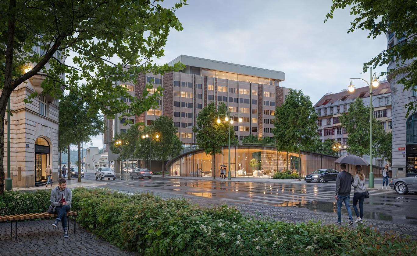 Nová piazzetta je přirozeným vyústěním rozsáhlé rekonstrukce hotelu Fairmont Golden Prague, dříve známého jako InterContinental. 