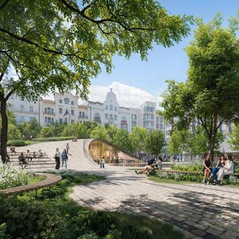 Srdcem piazzetty se stane centrální vodní prvek. V klidném režimu bude fungovat jako zrcadlo oblohy, v létě se promění v hravý osvěžující element, večer zase v jemnou světelnou scénografii a v zimě případně v kluziště. Náměstí tak bude žít po celý rok. Silným motivem je pak prodloužení Pařížské ulice směrem k řece. Zelená osa, dnes přerušená, bude pokračovat přes náměstí až k Vltavě a symbolicky znovu propojí historické centrum s řekou i vzdálenou Letenskou plání. 