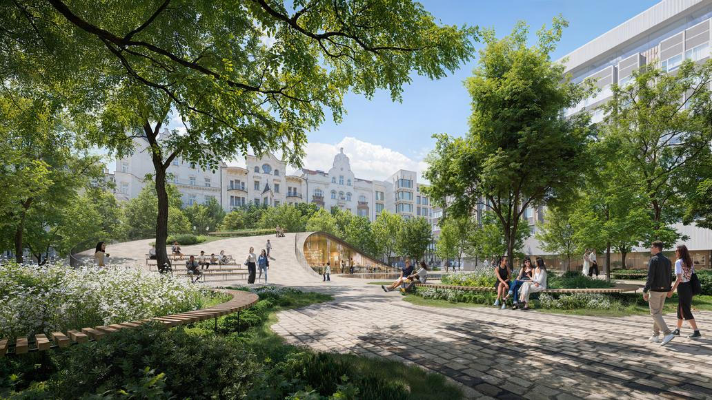 Srdcem piazzetty se stane centrální vodní prvek. V klidném režimu bude fungovat jako zrcadlo oblohy, v létě se promění v hravý osvěžující element, večer zase v jemnou světelnou scénografii a v zimě případně v kluziště. Náměstí tak bude žít po celý rok. Silným motivem je pak prodloužení Pařížské ulice směrem k řece. Zelená osa, dnes přerušená, bude pokračovat přes náměstí až k Vltavě a symbolicky znovu propojí historické centrum s řekou i vzdálenou Letenskou plání. 