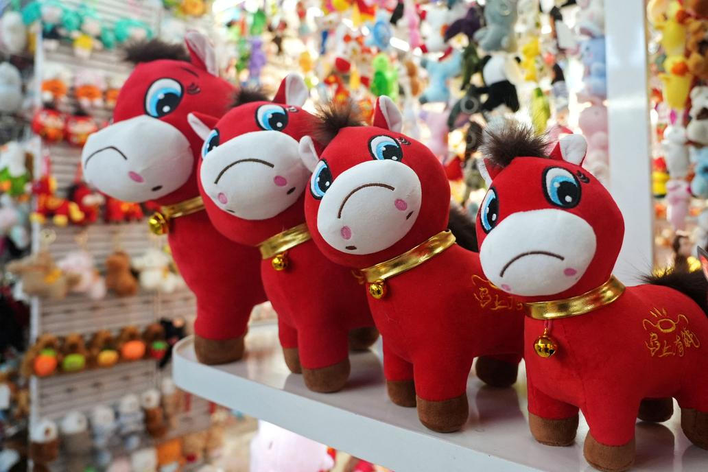 Horse plush toys ahead of the Chinese Lunar New Year in Yiwu
