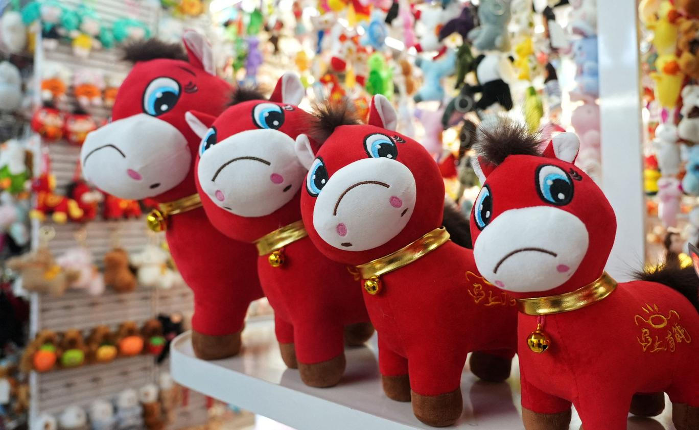 Horse plush toys ahead of the Chinese Lunar New Year in Yiwu