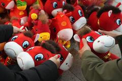 Horse plush toys ahead of the Chinese Lunar New Year in Yiwu