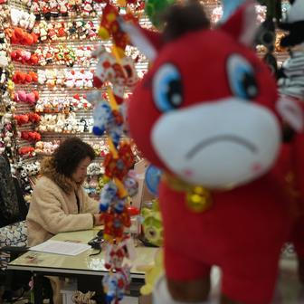 Horse plush toys ahead of the Chinese Lunar New Year in Yiwu