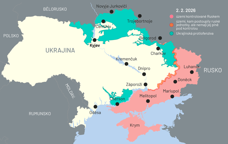 Mapa bojů na Ukrajině, 2. února 2026.