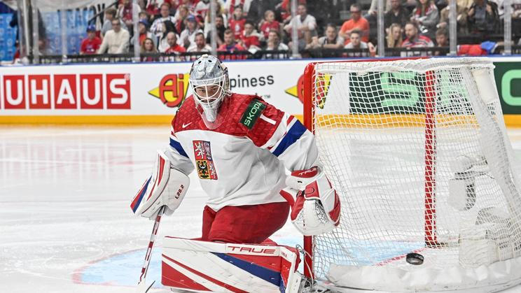 PRAGUE, CZECH REPUBLIC - MAY 26: goalkeeper Lukas Dostal of Czechia follows the puck during 2024 IIHF Ice hockey, Eishoc