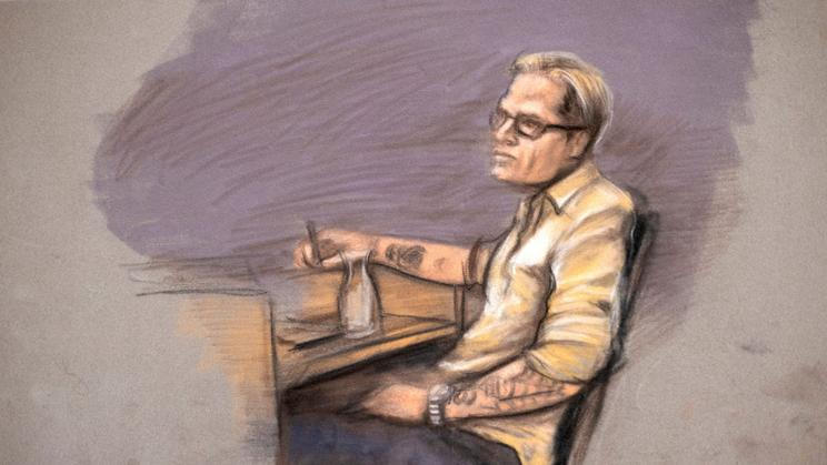 A court sketch shows Marius Borg Hoiby during the second day of the trial against him, in Oslo