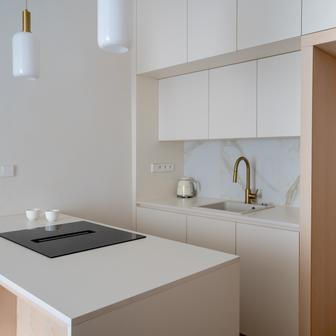 I přes omezenou plochu se do bytu podařilo zakomponovat plnohodnotnou kuchyni. Tu navrhli na míru kolem průchodu do místnosti – z jedné strany se nachází umývací zóna s dřezem, z druhé vestavěná kombinovaná lednice s mrazákem, která neruší celistvost nábytkové sestavy. 