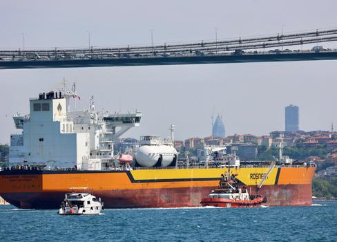 FILE PHOTO: Rosneft's Russian-flagged crude oil tanker Vladimir Monomakh transits the Bosphorus