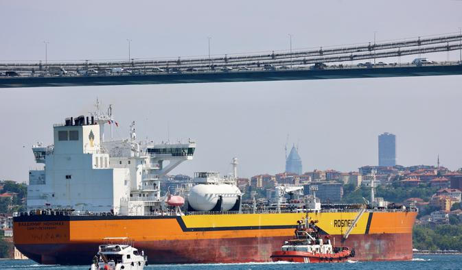 FILE PHOTO: Rosneft's Russian-flagged crude oil tanker Vladimir Monomakh transits the Bosphorus