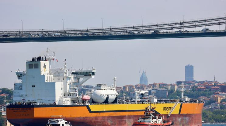 FILE PHOTO: Rosneft's Russian-flagged crude oil tanker Vladimir Monomakh transits the Bosphorus