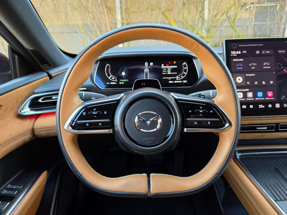 Volant výborně padne do ruky, je vyhřívaný a čalouněný dvoubarevnou kůží.