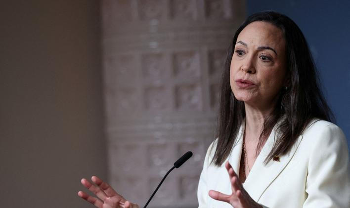 FILE PHOTO: Nobel Peace Prize laureate and Venezuelan opposition leader Maria Corina Machado speaks during a press conference in Oslo