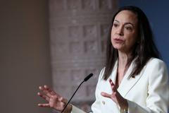 FILE PHOTO: Nobel Peace Prize laureate and Venezuelan opposition leader Maria Corina Machado speaks during a press conference in Oslo