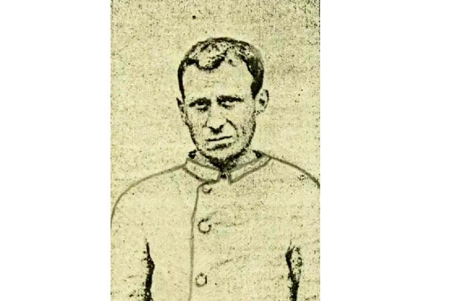 Anton Schimak v nedatované dobové fotografii s kresbou, užitý jako novinová ilustrace k zatčení v hostinci v Červené Vodě 27. června 1887.