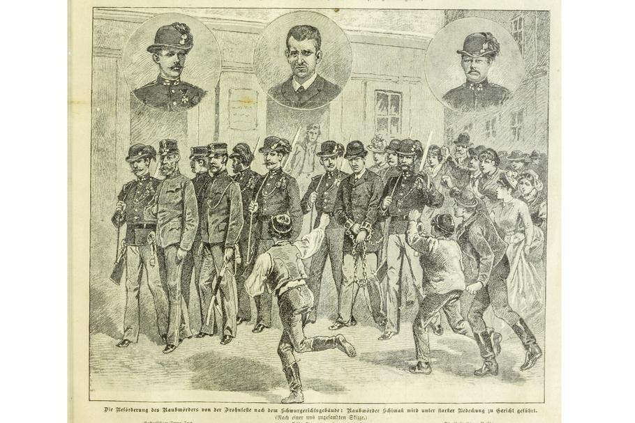 Schimak eskortován k soudu pod vojenskou ostrahou, Nový Jičín srpen 1887. Několik týdnů před popravou, která přilákala 200 diváků. 