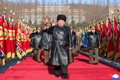 North Korean leader Kim Jong Un salutes during a visit to the Ministry of Defence for the 78th anniversary of the founding of the armed forces, in Pyongyang