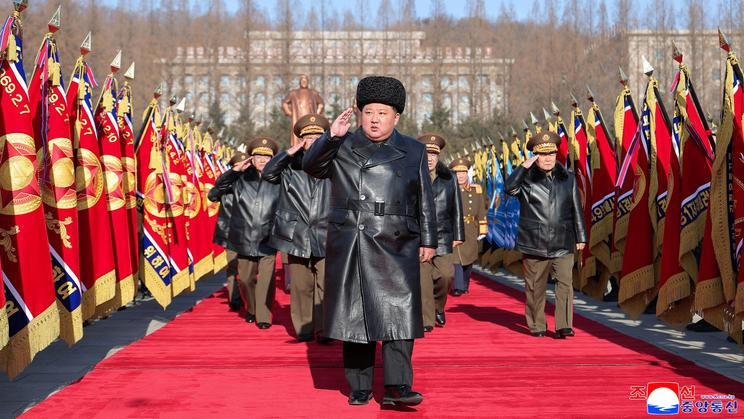 North Korean leader Kim Jong Un salutes during a visit to the Ministry of Defence for the 78th anniversary of the founding of the armed forces, in Pyongyang