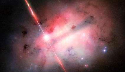 NASA zveřejnila koncept výbuchu GRB 250702B (vlevo od středu) uvnitř jeho hostitelské galaxie.