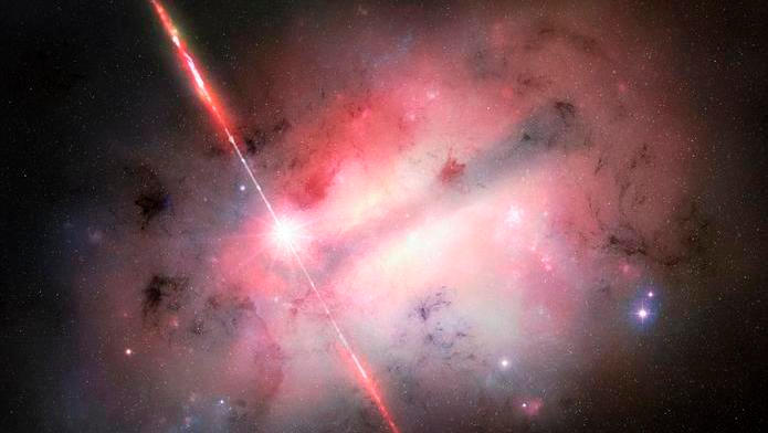 NASA zveřejnila koncept výbuchu GRB 250702B (vlevo od středu) uvnitř jeho hostitelské galaxie.
