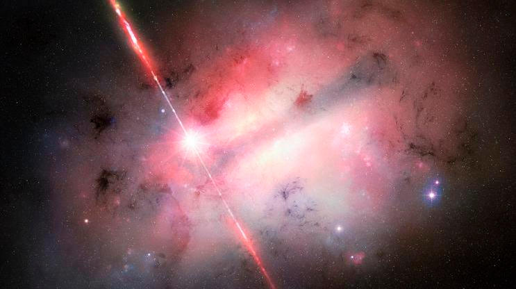 NASA zveřejnila koncept výbuchu GRB 250702B (vlevo od středu) uvnitř jeho hostitelské galaxie.